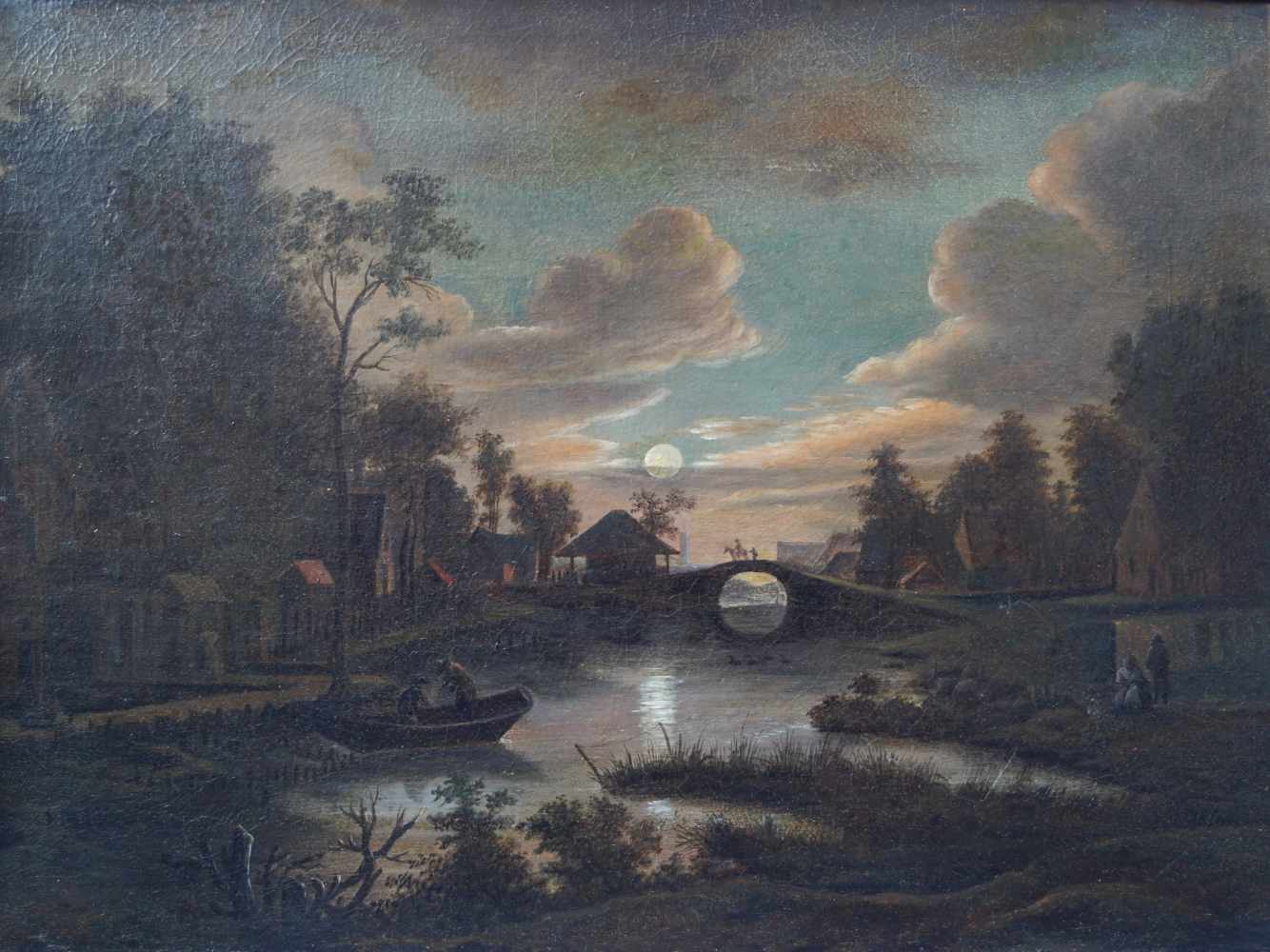 "Romantische Abendstimmung" in der Art von Van de Neer, 19. Jhd. Brücke am Fluss bei Mondschein,