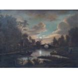 "Romantische Abendstimmung" in der Art von Van de Neer, 19. Jhd. Brücke am Fluss bei Mondschein,