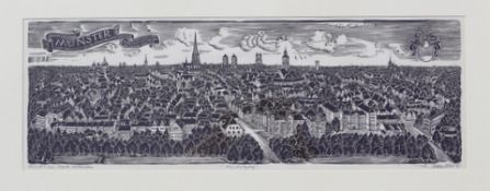 Mallek, Waldemar (1906-1998 Münster/Westf.): Ansicht der Stadt Münster Holzschnitt auf Bütten, unten