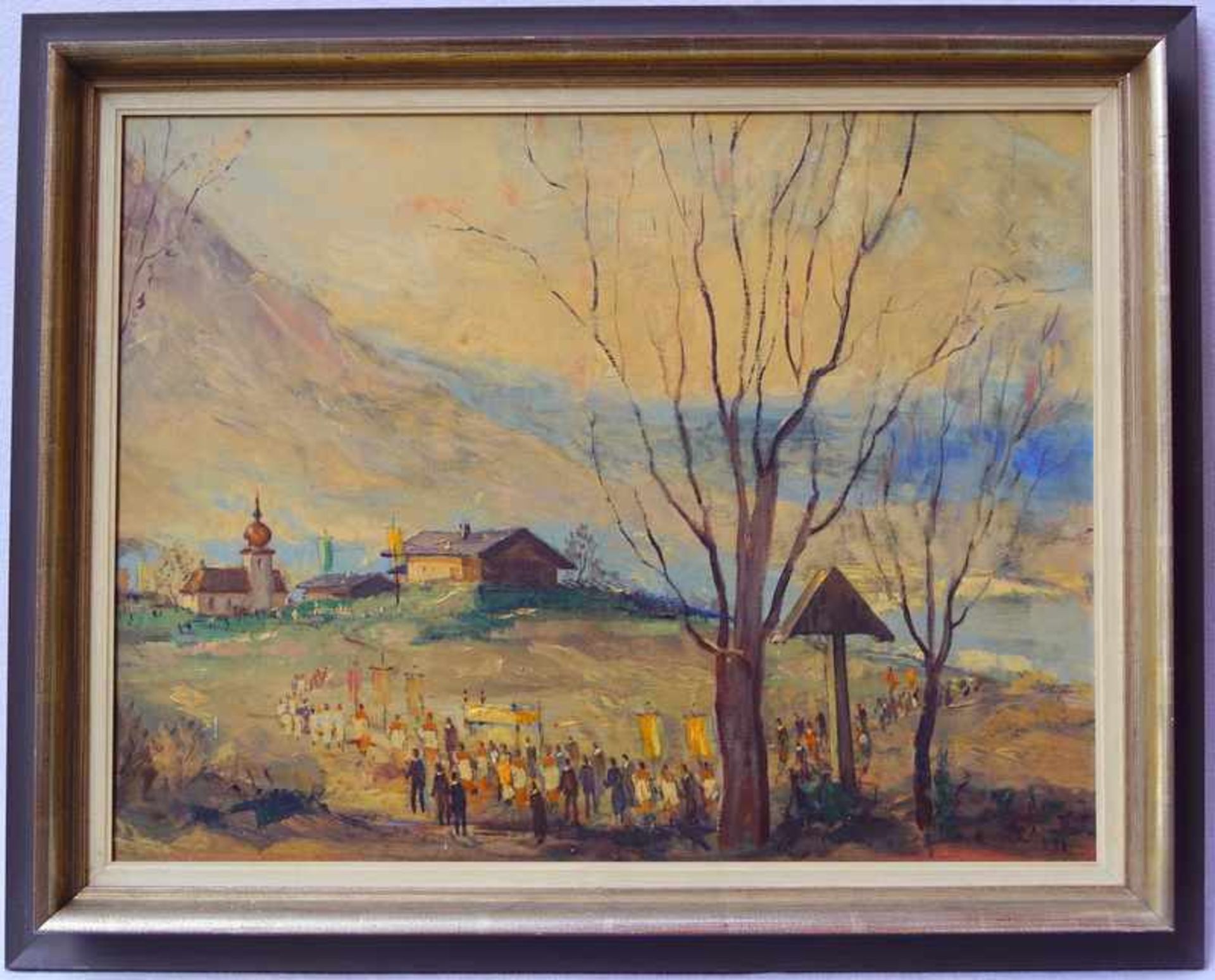 Morgenthaler, Ernst (1887 in Kleindietwill-1962 in Zürich): Landschaft mit Prozession Öl auf LW,