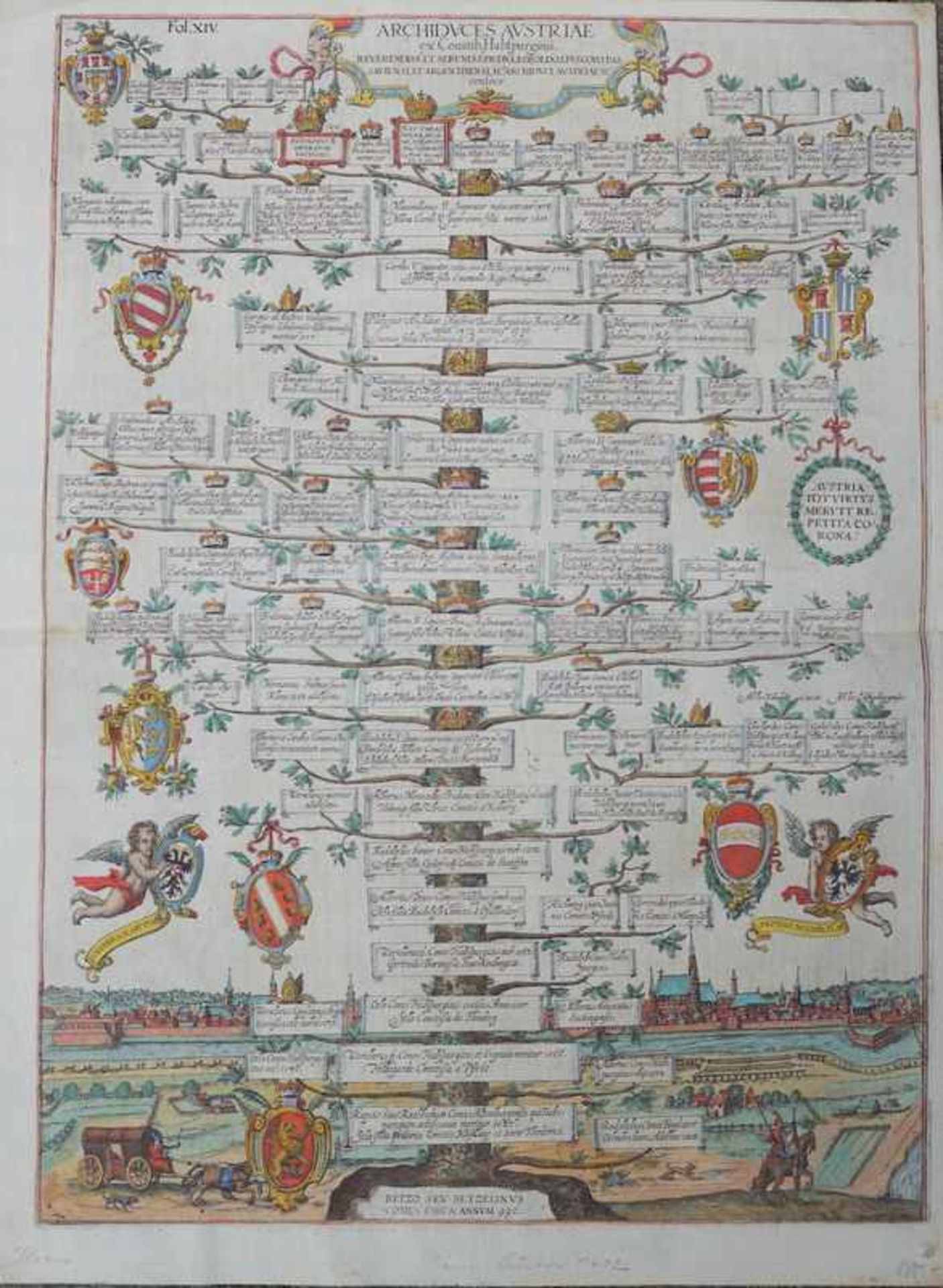 Stammbaum des Hauses Habsburg, Anf. 17.Jhd. Kupferstich auf Bütten altcoloriert, im Hintergrund