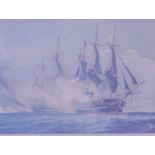 Haghe, Louis: Amerikanische und Englische Fregatten im Kanonenfeuer Farblithographie nach einem