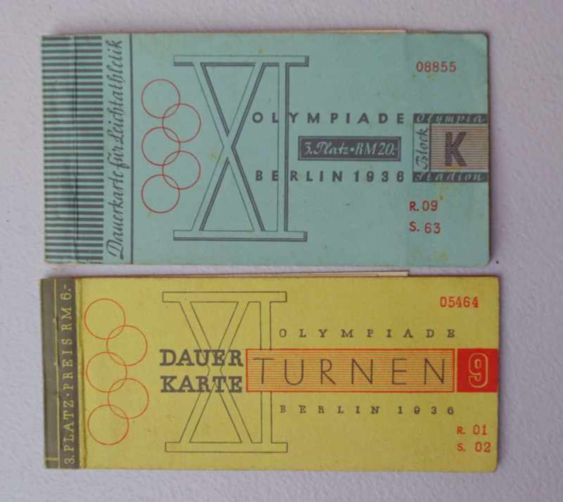 2 Dauerkarten Olympiade Berlin 1936 2 Blöcke - unvollst., teilweise entwertet, Turnen Reihe 1 Sitz 2