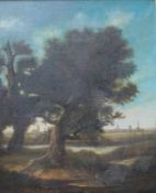 August Becker (1821-1887) niederländischer Maler des 19.Jhd.: 2 große Eichen vor niederl.
