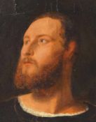 Herrenportrait nach Renaissancevorbild Öl auf Holz, Rissbildungen, Retuschen, Schwarzlackleiste,