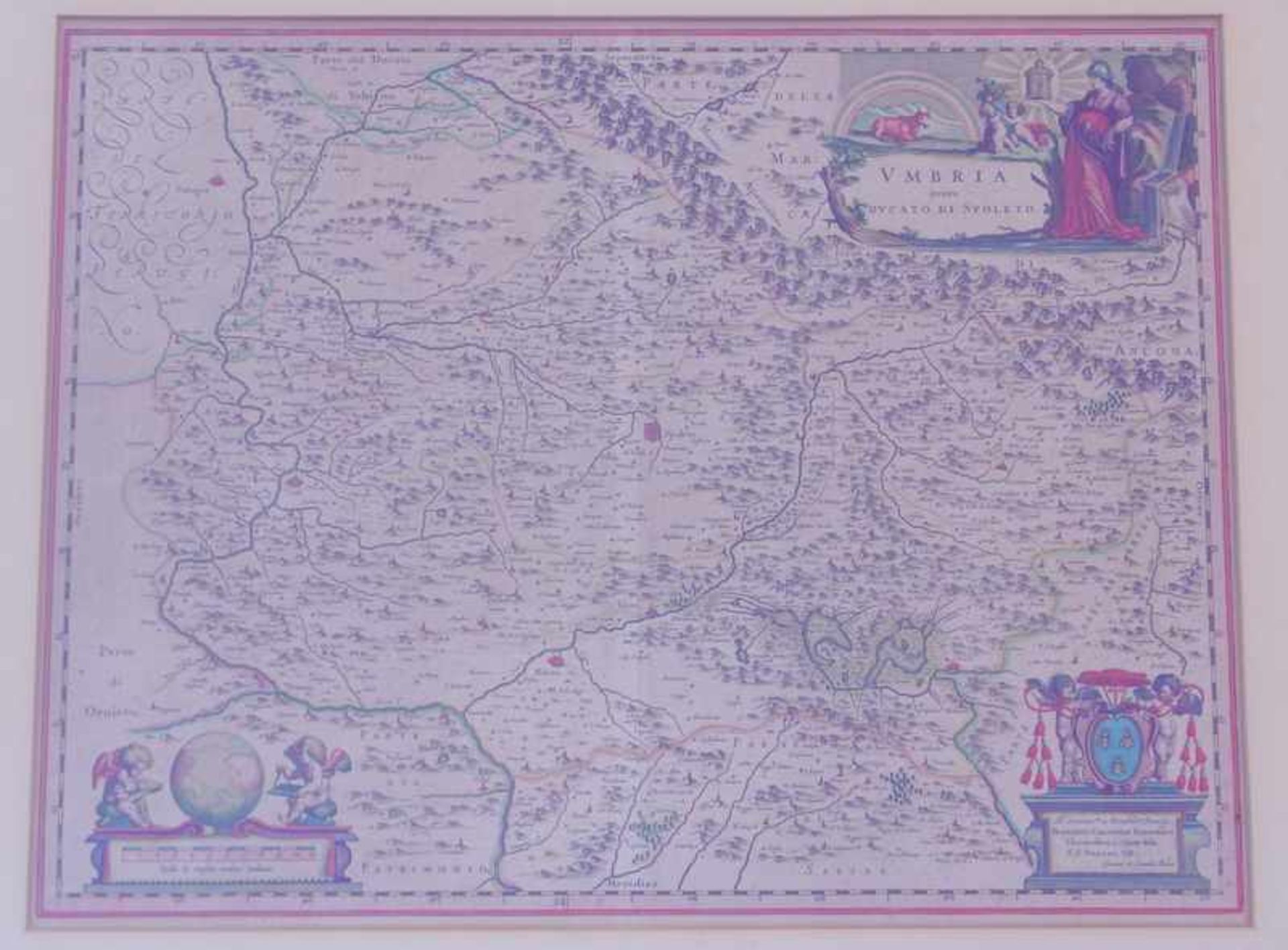 Blaeu, Joan (1596 Alkmaar - 1673 Amsterdam): altkolorierte Kupferstichkarte von Umbrien Kartusche