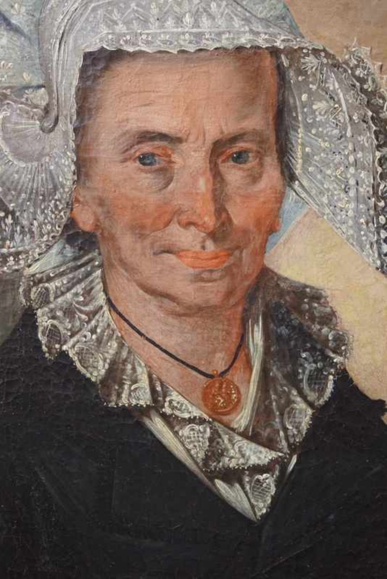 Porträt einer alten Dame in friesischer Tracht, 18.Jhd. Öl auf Leinwand, ausdrucksstarkes Porträt - Image 2 of 3