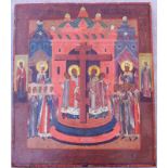 Ikone Erhöhung des Kreuzes Christi - Russische Festtagsikone 19. Jh. Kaseinfarbe auf Leinwand auf