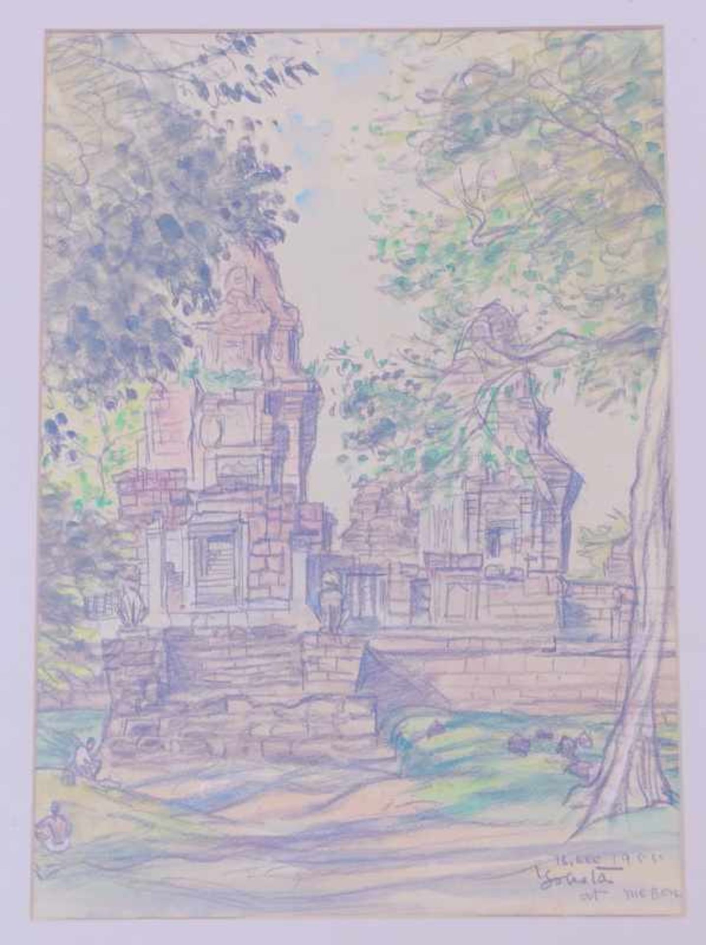 2 Aquarelle Thailand 1955 Darstellung von buddhistischen Tempelruinen, unleserlich signiert ( - Image 3 of 3