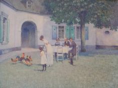 Wilhelm Hartes (1860 in Düsseldorf - 1926 ebd.): Idyllische Szenerie vorm Gutshof Gutshof mit Mutter