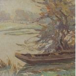 Perfall, Erich Frhr.von (1882 Düsseldorf-1961 ebenda): Flussufer mit Boot Öl auf Künstlerbord, unten