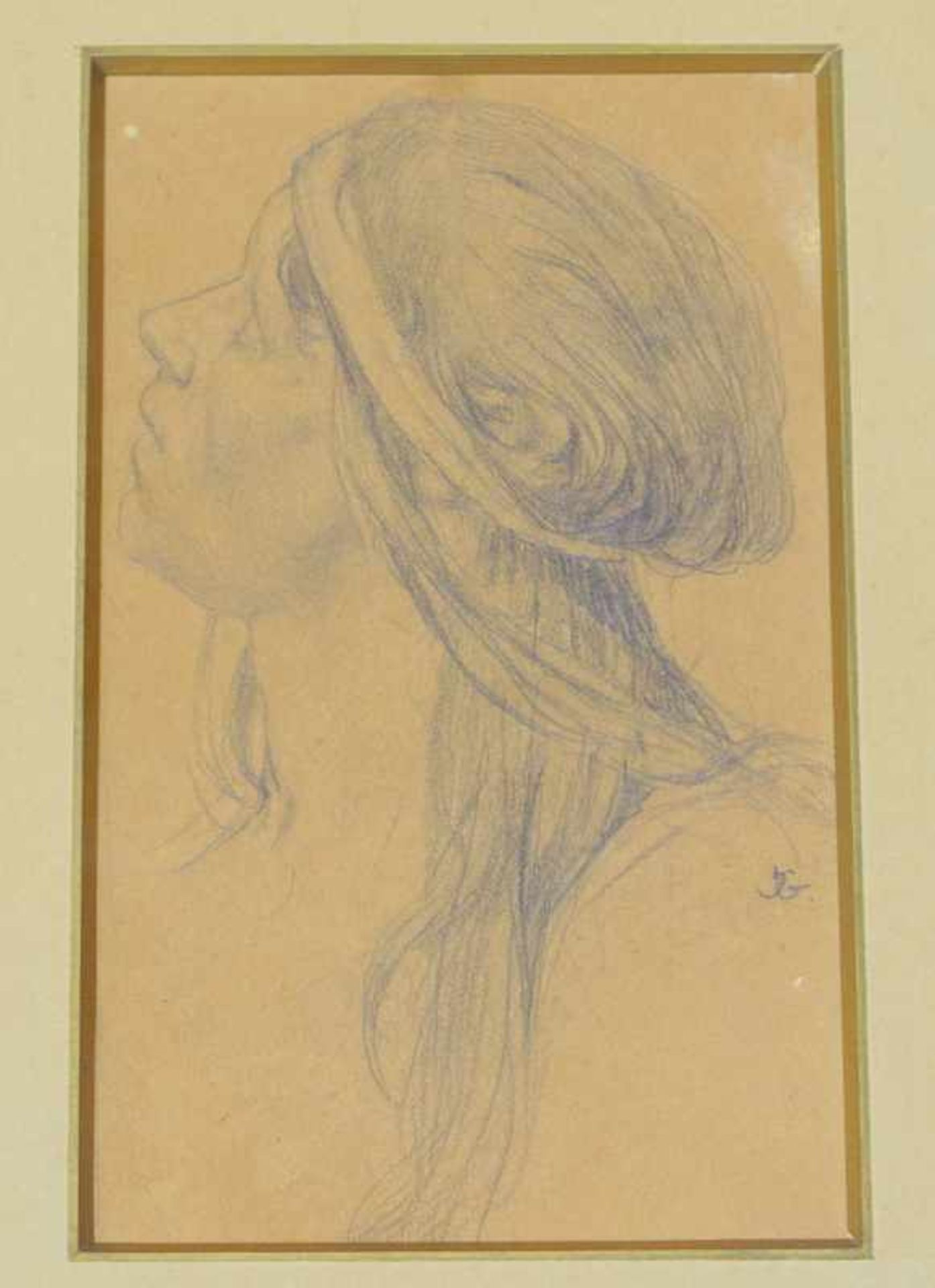 Gerts, J.: Portrait einer Frau Bleistiftzeichnung, Kopfstück einer Frau mit langem Harr und