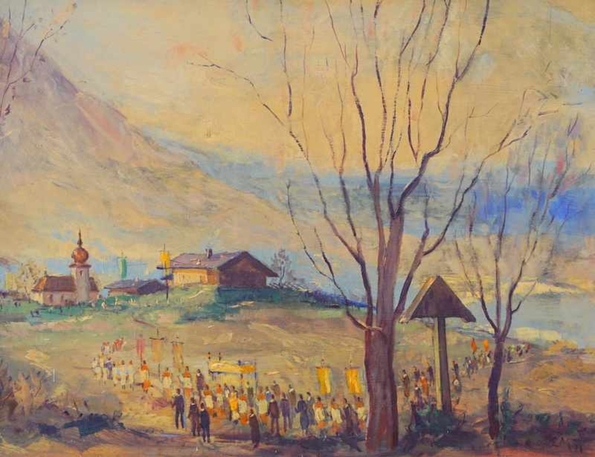 Morgenthaler, Ernst (1887 in Kleindietwill-1962 in Zürich): Landschaft mit Prozession Öl auf LW, - Image 2 of 5