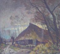 von Genesen, Franz (Tilburg 1887-1920): westfälisches Bauernhaus mit Schäfer und Herde Öl auf