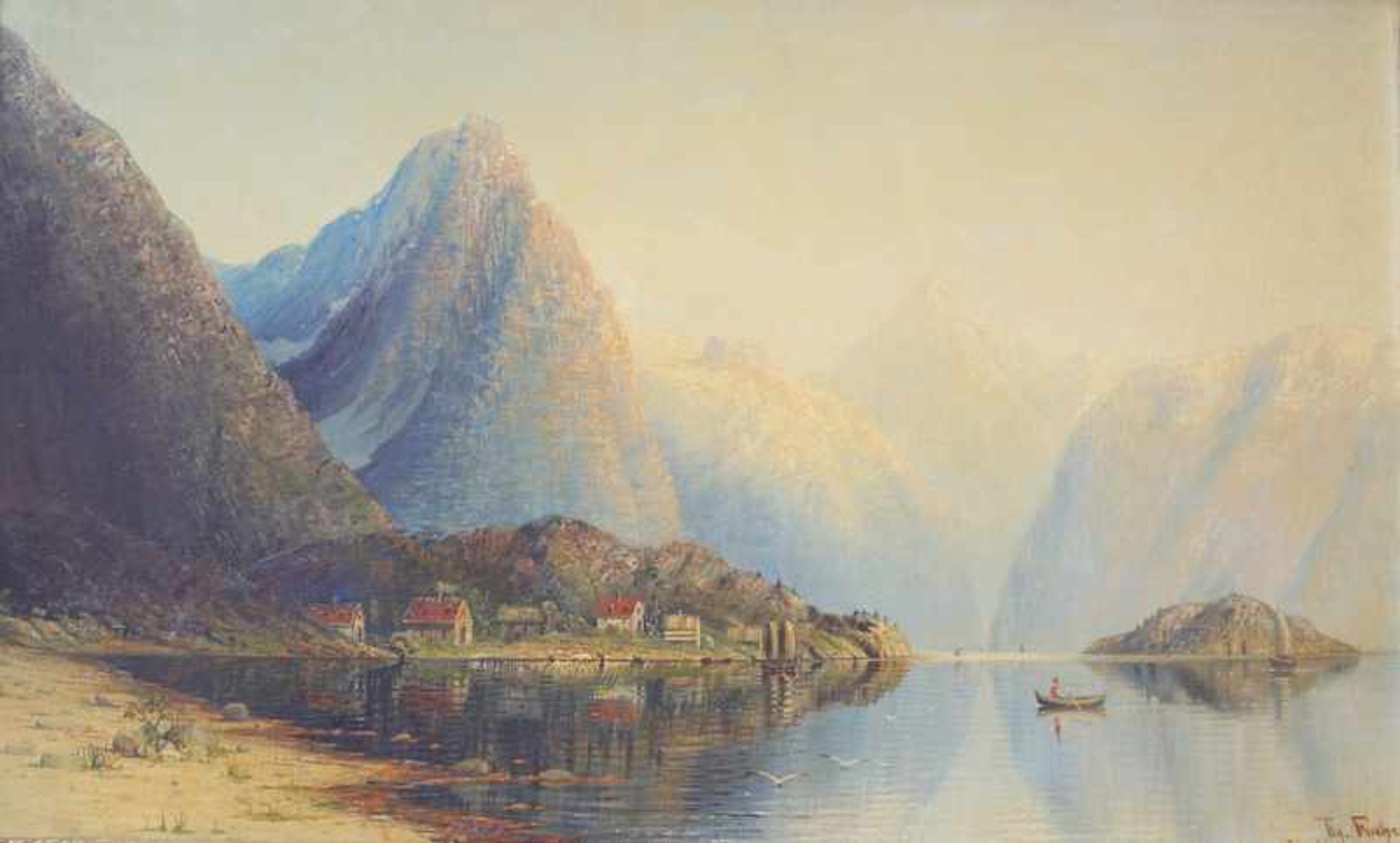 Therese Fuchs (1849-1898): Fjordlandschaft Mit Booten und Häusern vor Gebirgspanorama, Öl auf LW,