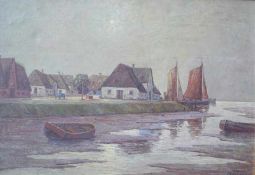 Harländer, Hans (1880-1943): Segelboote an der MoleÖl auf Leinwand, Ansicht auf eine bebaute Mole