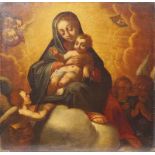 Spanischer Meister 17. Jh.: Maria mit Christuskind auf Wolkenbank umgeben von anbetenden