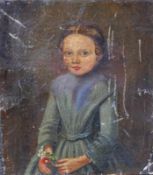 Hüftbildnis eines jungen MädchensMädchen mit zurückgeflochtenem Haar, blauem hochgeschlossenem Kleid