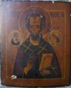Nikolaus von Myra, Russland, 19. Jhd.Kasein auf Holz, umgeben von Christus und Marie in Aureole,