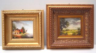 2 kleine GemäldeÖl auf Sperrholz, verschiedene Motive, 13cm x 10cm und 12cm x 14cm, gerahmt.