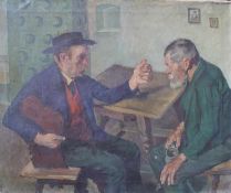 deutscher Maler der Jahrhundertwende: 2 alpenländische Bauern im Gespräch, um 1900Öl auf Leinwand,