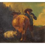 Bauer mit Ziegenbock und Kuh vor Landschaft 18/19. Jhd.Öl auf Eichenholz, Kraquellee, in der Art von