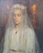 deutscher Maler der Jahrhundertwende: Porträt einer Braut bei Kerzenschein, um 1900Öl auf