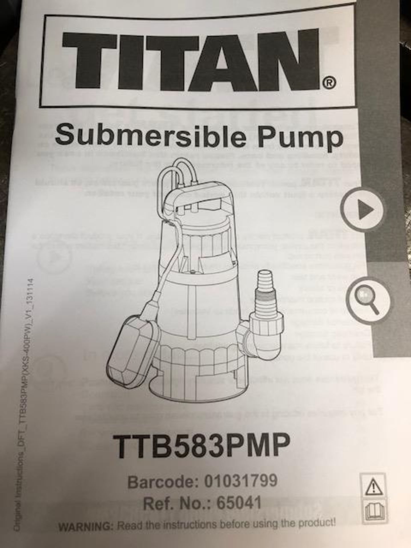 TITAN Model TTB583PMP, 400W 220-240v dirty water submersible pump s/no: 001715 (unused, orig box) - Image 2 of 3