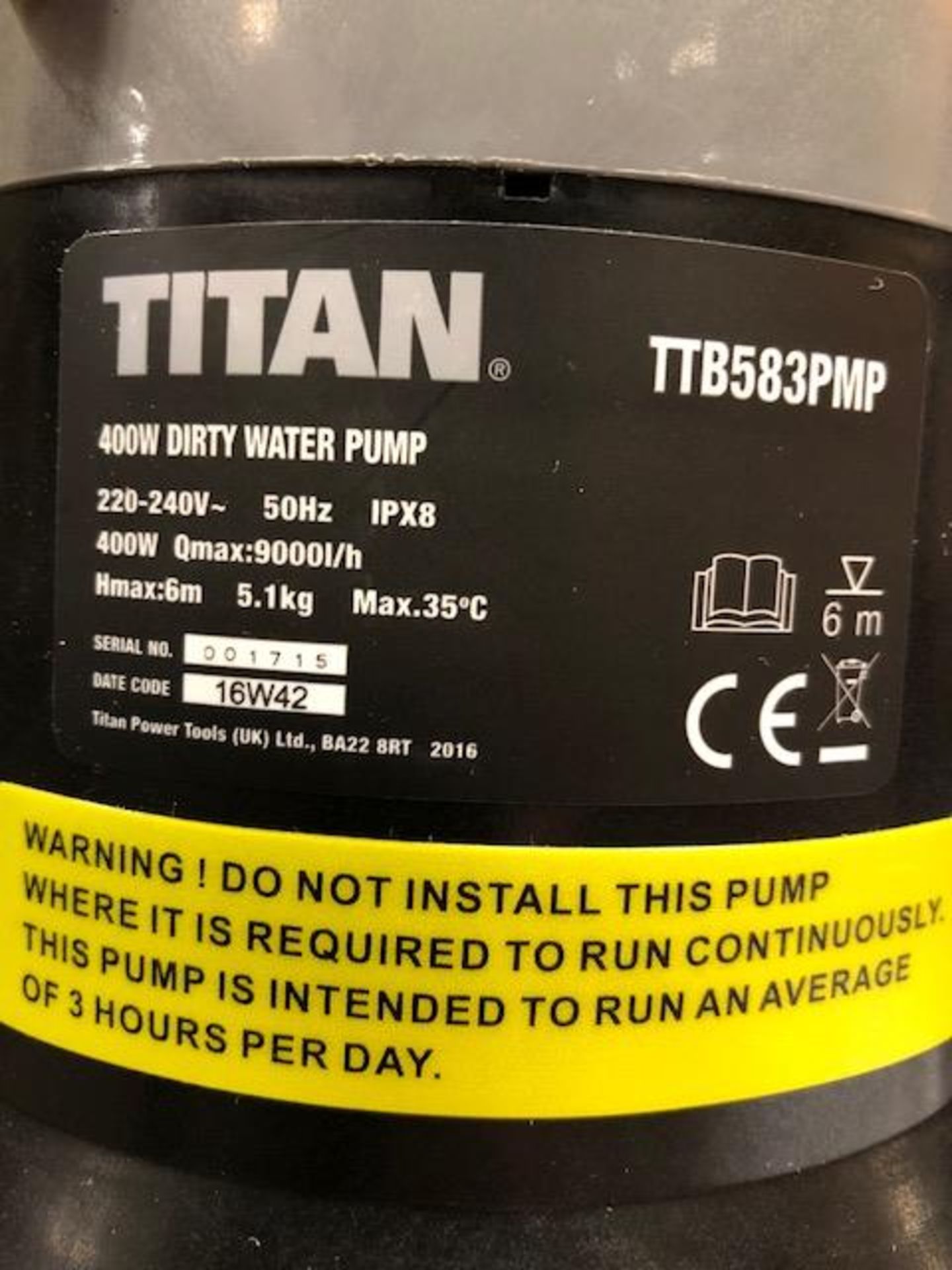 TITAN Model TTB583PMP, 400W 220-240v dirty water submersible pump s/no: 001715 (unused, orig box) - Image 3 of 3