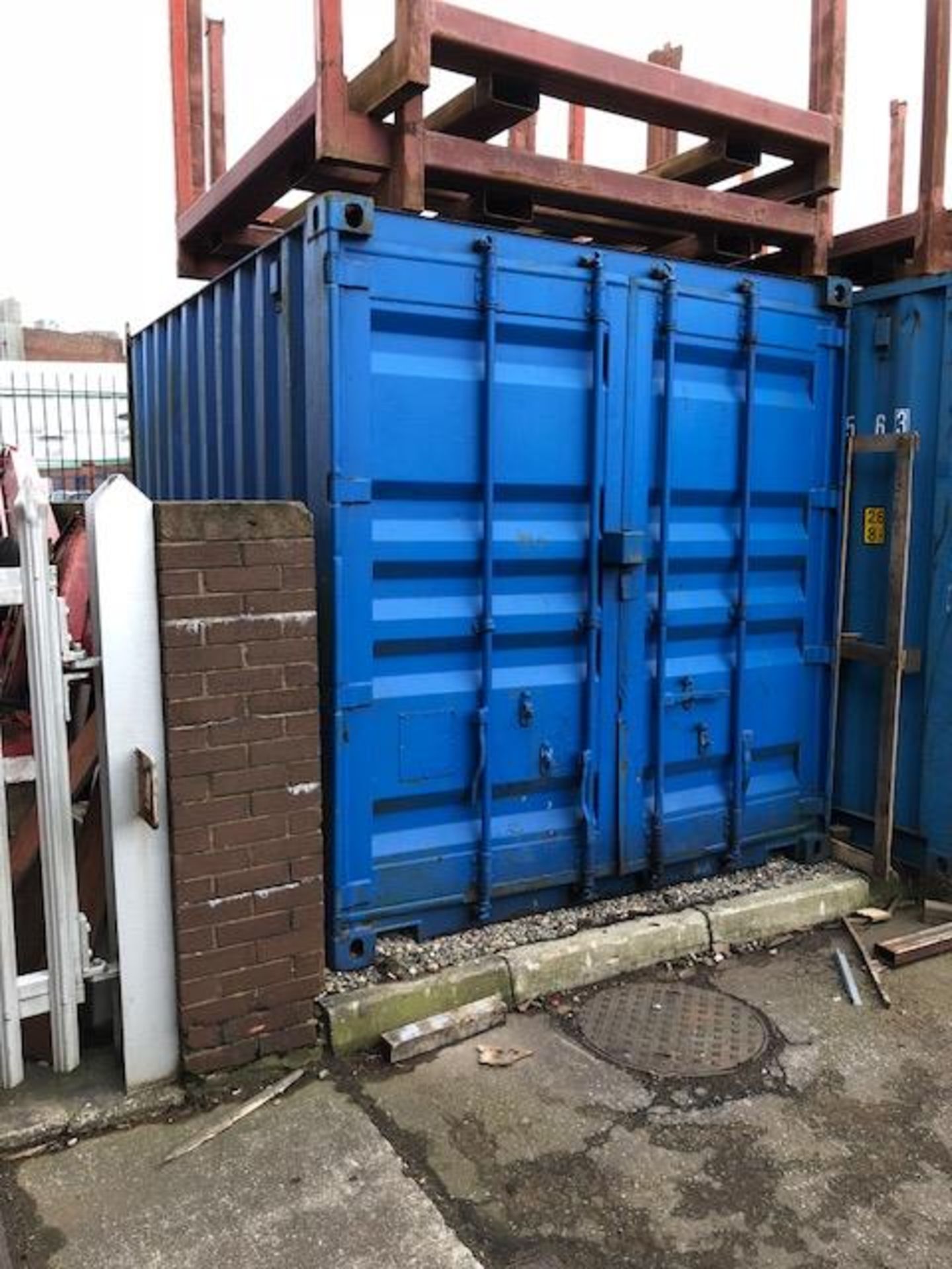 10' steel shipping container complete with contents (excludes stillages stored on roof)