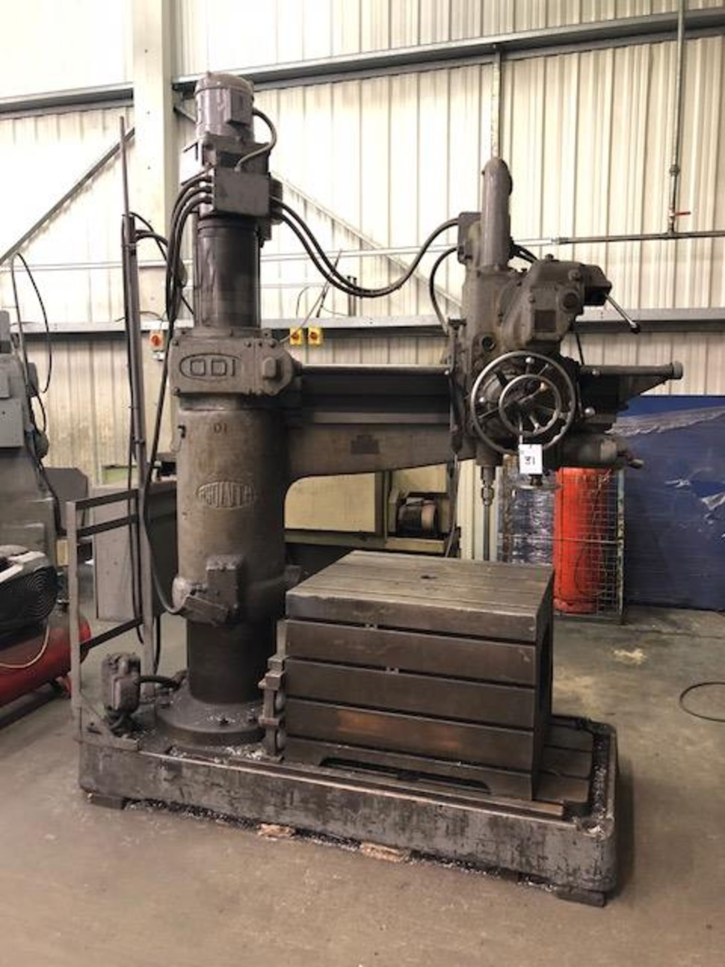 ASQUITH ODI 54" radial arm drill s/n: 14799 with T-slot box table. Note: Full Method Statement, Risk