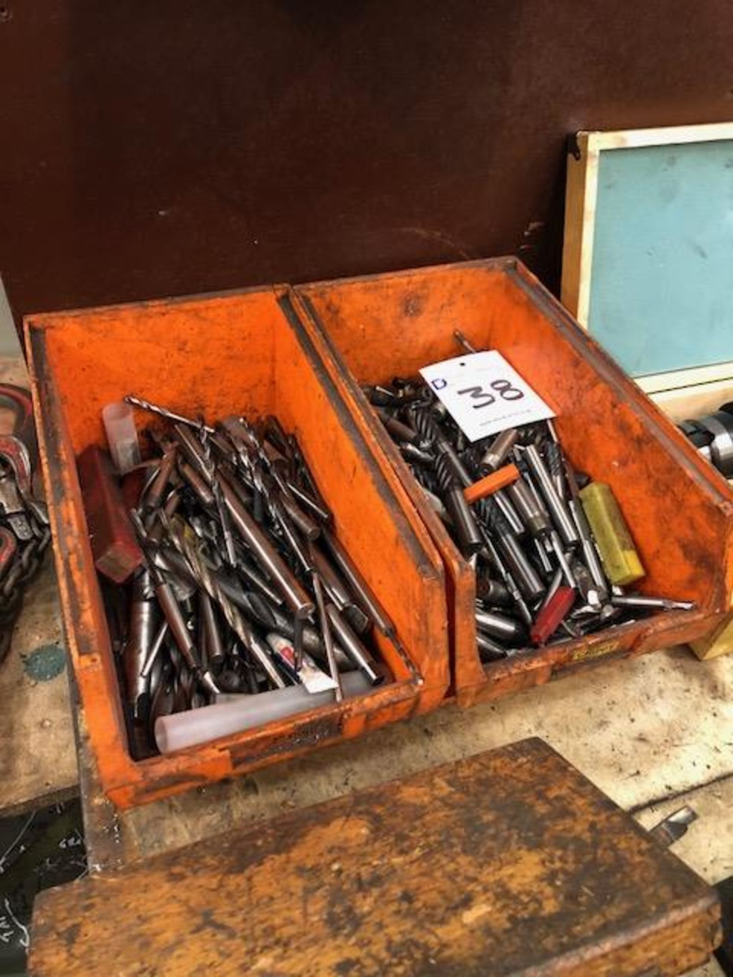 Large qantity of drill bits and milling cutters in two small part bins as lotted