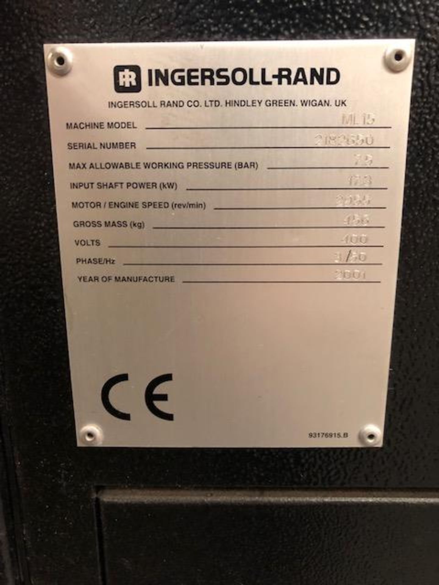 INGERSOLL-RAND Model SSR ML15 7.5bar packaged rotary screw compressor s/n: 2182650, Year: 2001, - Image 2 of 3