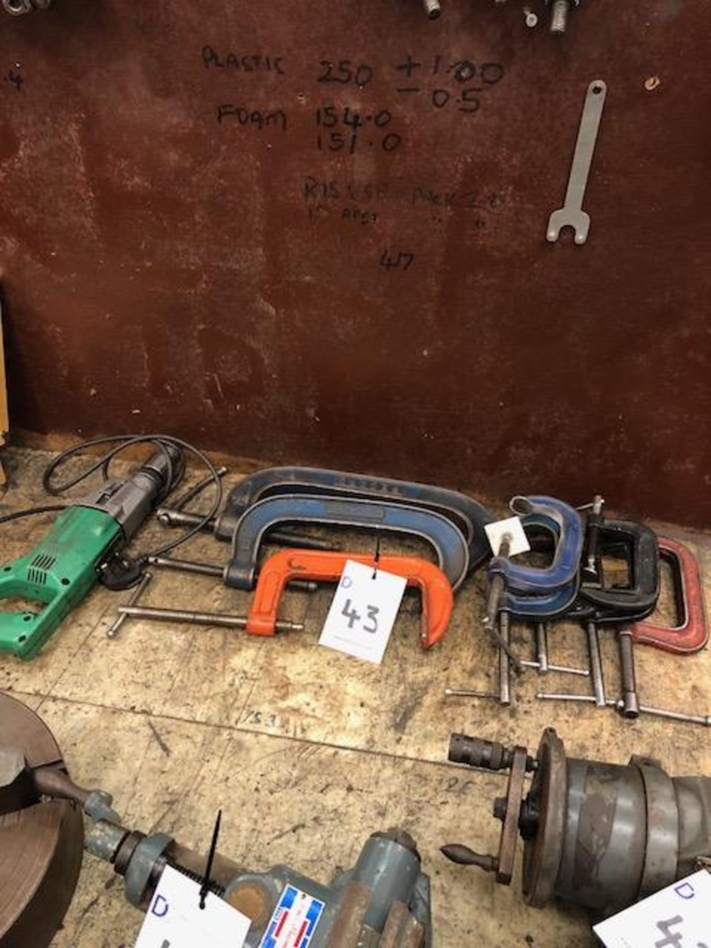 Various G-clamps and 240v electric drill