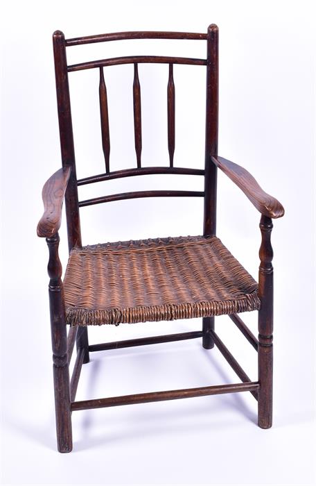 A 19th century oak country stick back armchair with wicker seat and supported on turned legs with - Image 2 of 2