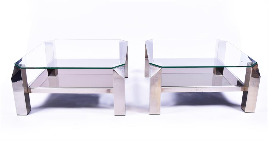 A pair of 1970s French chromed metal square coffee tables the bases with chunky legs with triangular - Image 4 of 4