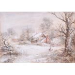 A 19th century icy Winter landscape figures and a cottage in the background, watercolour, signed C.