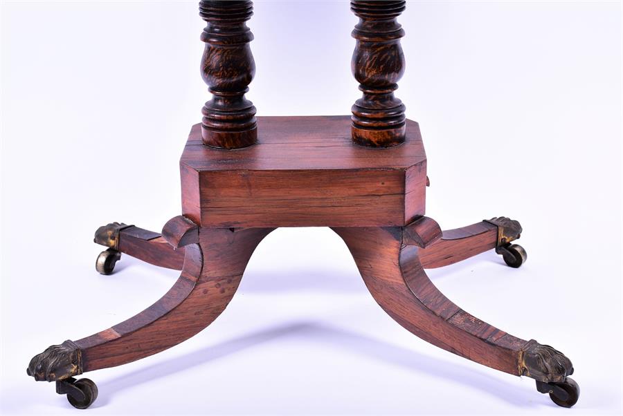 A 19th century rosewood veneered folding card table the top and frieze with brass inlay supported on - Image 3 of 4