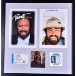 An assembled framed and glazed collection of Pavorotti memorabilia, to include a signed photograph