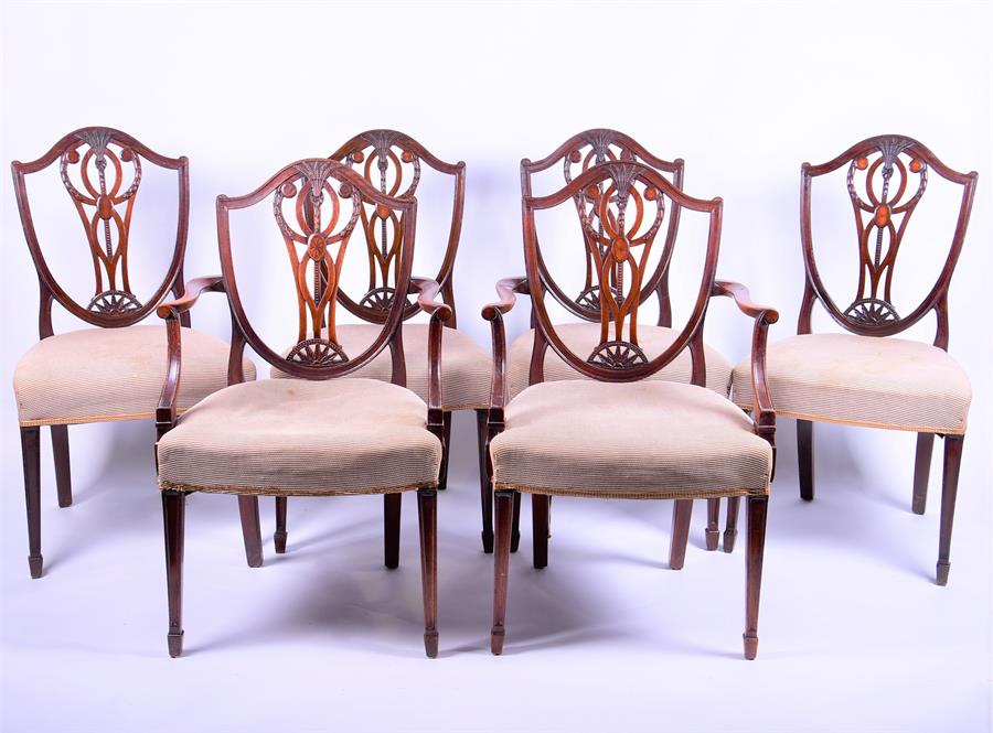 A set of six Edwardian mahogany Sheraton style dining chairs with pierced wheatsheaf splats, 2