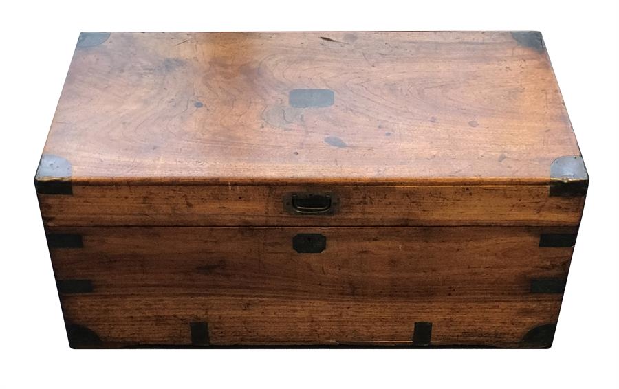 A Victorian rectangular hardwood travelling trunk with metal mounted corners and twin carrying