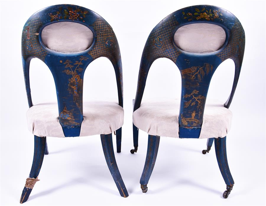 A pair of Victorian upholstered salon chairs in the chinoiserie taste each with blue and gilt - Image 3 of 4