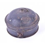 A George III painted tin spice box of cylindrical form, the hinged cover opening to reveal six
