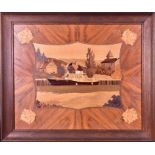 Two framed parquetry pictures signed Straub depicting a moored river cruiser and a 17th century
