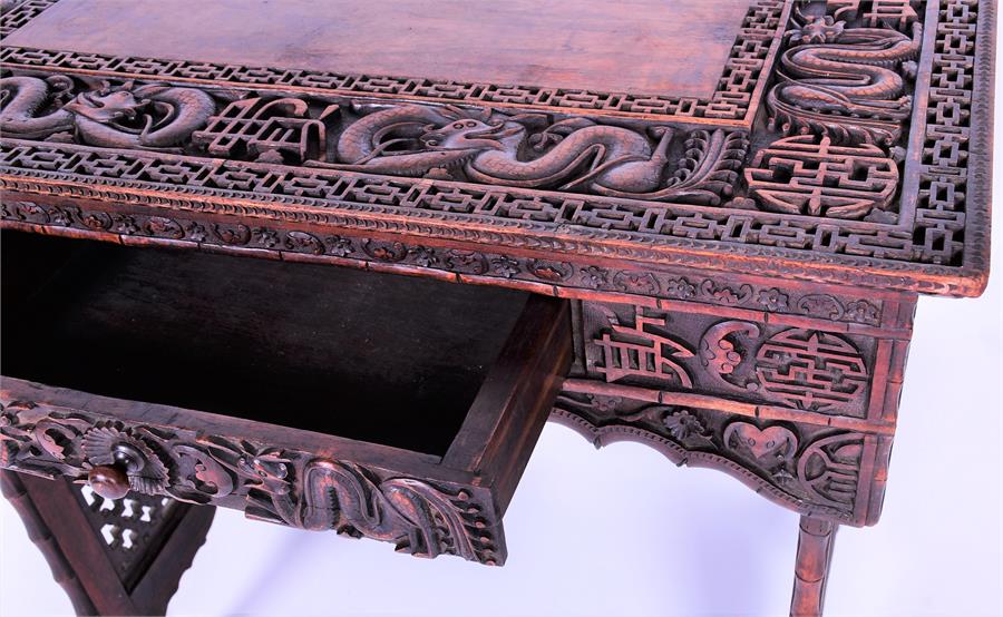 A late 19th / early 20th century Chinese hardwood writing table the rectangular top inlaid with - Image 3 of 6