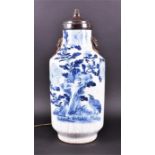 A late 19th / early 20th century Chinese blue and white porcelain vase / desk lamp base with hand