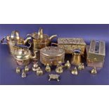 A mixed lot of brassware to include a 19th century brass oval box with pierced and relief