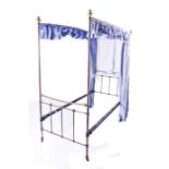 A brass and steel tester bed  with blue canopy, 197cm long x 91cm wide x 200cm high.