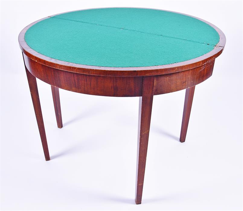 A 19th century mahogany demi-lune card table  opening to reveal green baize, on plain tapering - Image 3 of 3