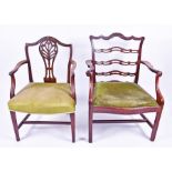 A George III mahogany pierced ladder back elbow chair with scroll design to top and drop-in